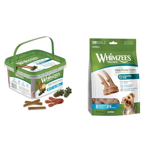 WHIMZEES by Wellness Gemischte Vielfaltsbox & by Wellness Antler, Kausnack in Geweihform mit beruhigender Wirkung für kleine Hunde (7-12 kg), rein natürlich, getreidefrei, 24 Stück von WHIMZEES