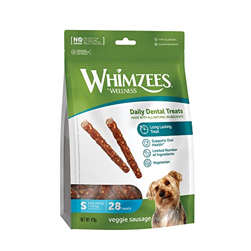 WHIMZEES by Wellness Veggie-Wurst, Kaustangen für kleine Hunde zur Zahnpflege, Größe S, 28 Stück, ohne Zuckerzusatz, getreidefrei, natürlich, fettarm von WHIMZEES