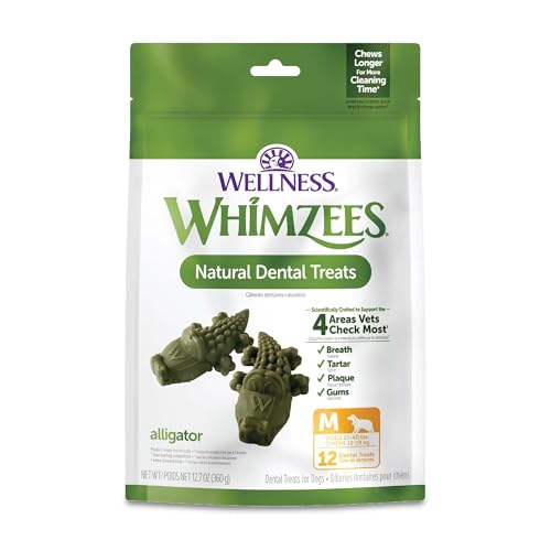 WHIMZEES by Wellness Alligator Natürliche Zahnkauspielzeuge für Hunde, lang anhaltende Leckereien, getreidefrei, erfrischt den Atem, mittlere Rasse, 12 Stück von WHIMZEES