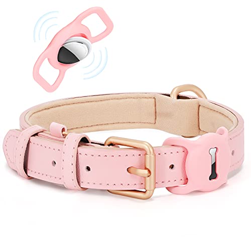 WHIPPY AirTag Hundehalsband Leder Verstellbares AirTag Halsband Leder mit Gepolstert und Metall Schnalle Klassisches Weiches Air Tag Hundehalsband für Welpe Kleine Mittel Große Hunde Rosa,M von WHIPPY