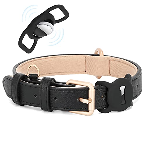 WHIPPY AirTag Hundehalsband Leder Verstellbares AirTag Halsband Leder mit Gepolstert und Metall Schnalle Klassisches Weiches Air Tag Hundehalsband für Welpe Kleine Mittel Große Hunde Schwarzes,S von WHIPPY