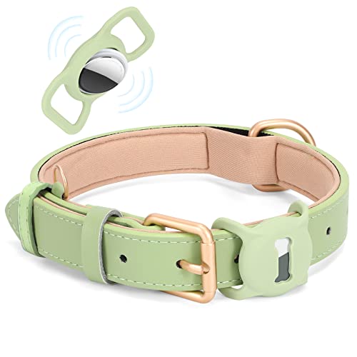 WHIPPY AirTag Hundehalsband Leder Verstellbares AirTag Halsband Leder mit Gepolstert und Metall Schnalle Klassisches Weiches Air Tag Hundehalsband für Welpe Kleine Mittel Große Hunde Grün,XS von WHIPPY