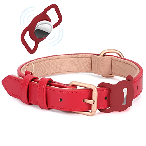 WHIPPY AirTag Hundehalsband Leder Verstellbares AirTag Halsband Leder mit Gepolstert und Metall Schnalle Klassisches Weiches Air Tag Hundehalsband für Welpe Kleine Mittel Große Hunde Rotes,S von WHIPPY