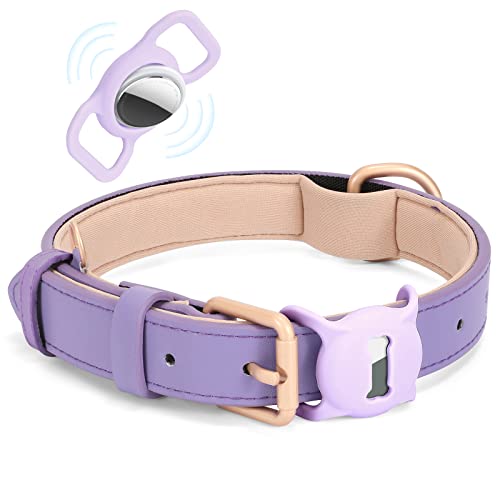 WHIPPY AirTag Hundehalsband Leder Verstellbares AirTag Halsband Leder mit Gepolstert und Metall Schnalle Klassisches Weiches Air Tag Hundehalsband für Welpe Kleine Mittel Große Hunde Violett,XS von WHIPPY