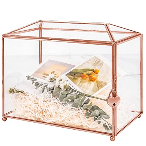 WHSLILR 32 cm Glaskarten-Box mit Schloss für Hochzeitsempfang, Kosmetik, Heimdekoration, handgefertigtes großes geometrisches Terrarium mit Scharnierdeckel, Messingrahmen – (Roségold/Dach) von WHSLILR