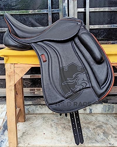 WILD RACE Leder-Dressur-Monoflap-Wechseleisensattel/Leather Dressage Monoflap Changeable Gullets Saddle (17") von WILD RACE