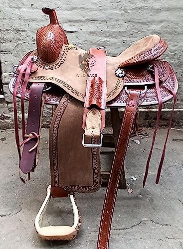 WILD RACE Western brauner Strip Down Leder handgeschnitzter Roper Ranch Sattel/Western Brown Strip Down Leather Hand Carved Roper Ranch Saddle (14") von WILD RACE