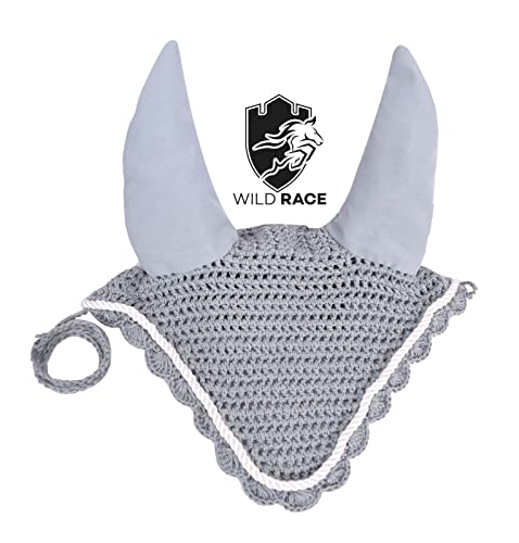 Wildrace Fliegenhaube für Pferde, Ohrenhaube, Maske, Netz, Häkelarbeit (Cob, Grau) von WILD RACE