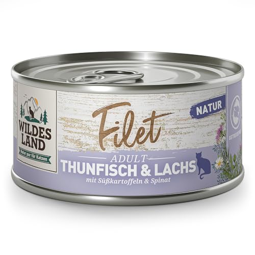 Wildes Land - Filet Thunfisch & Lachs mit Süßkartoffeln & Spinat | Natur - 12x80g - Nassfutter von WILDES LAND