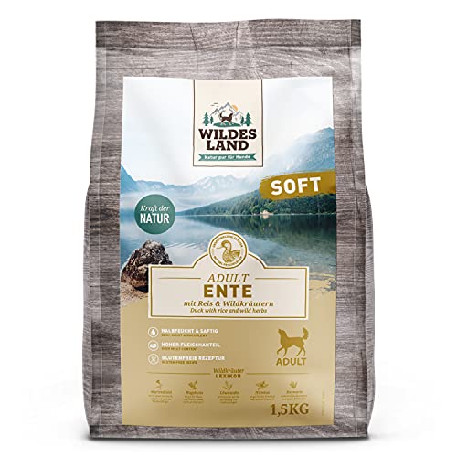 Wildes Land - Halbfeuchtes Trockenfutter für Hunde - Ente - 1,5 kg - Soft mit Reis und Wildkräutern - Glutenfrei - Extra viel Fleisch - Für alle Hunderassen - Beste Akzeptanz von WILDES LAND