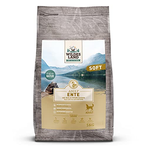 Wildes Land - Halbfeuchtes Trockenfutter für Hunde - Ente - 5 kg - Soft mit Reis und Wildkräutern - Glutenfrei - Extra viel Fleisch - Für alle Hunderassen - Beste Akzeptanz von WILDES LAND