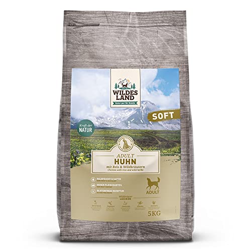 Wildes Land - Halbfeuchtes Trockenfutter für Hunde - Huhn - 3 x 5 kg - Soft mit Reis und Wildkräutern - Glutenfrei - Extra viel Fleisch - Für alle Hunderassen - Beste Akzeptanz von WILDES LAND