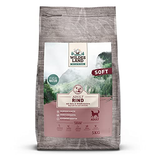 Wildes Land - Halbfeuchtes Trockenfutter für Hunde - Nr. 5 Rind - 5 kg - mit Reis und Wildkräutern - Glutenfrei - Extra viel Fleisch - Soft Für alle Hunderassen - Beste Akzeptanz und Verträglichkeit von WILDES LAND