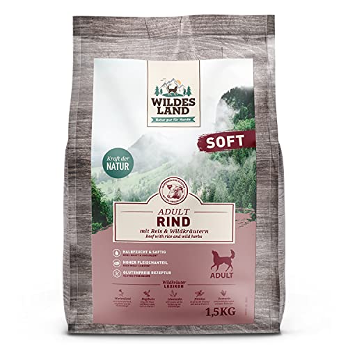 Wildes Land - Halbfeuchtes Trockenfutter für Hunde - Rind - 1500 g - Soft mit Reis und Wildkräutern - Glutenfrei - Extra viel Fleisch - Für alle Hunderassen - Beste Akzeptanz von WILDES LAND