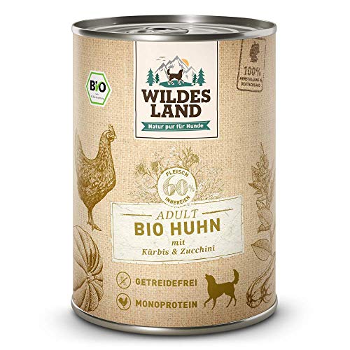 Wildes Land - Nassfutter für Hunde - Bio Huhn - 12 x 400 g -Getreidefrei - Extra hoher Fleischanteil von 60% - 100% zertifizierte Bio-Zutaten - Beste Akzeptanz und Verträglichkeit von WILDES LAND