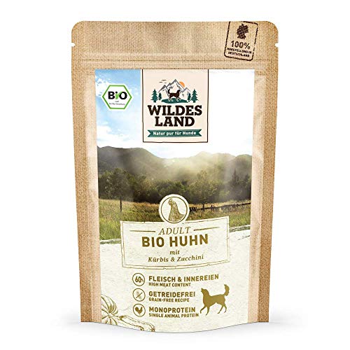 Wildes Land - Nassfutter für Hunde - Bio Huhn - 20 x 125 g -Getreidefrei - Extra hoher Fleischanteil von 60% - 100% zertifizierte Bio-Zutaten - Beste Akzeptanz und Verträglichkeit von WILDES LAND