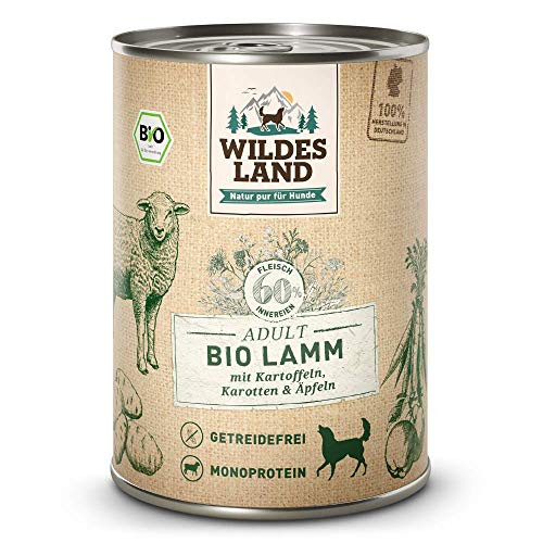 Wildes Land - Nassfutter für Hunde - Bio Lamm - 12 x 400 g - Getreidefrei - Extra hoher Fleischanteil von 60% - 100% zertifizierte Bio-Zutaten - Beste Akzeptanz und Verträglichkeit von WILDES LAND