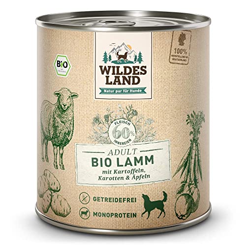 Wildes Land - Nassfutter für Hunde - Bio Lamm - 12 x 800 g - Getreidefrei - Extra hoher Fleischanteil von 60% - 100% zertifizierte Bio-Zutaten - Beste Akzeptanz und Verträglichkeit von WILDES LAND