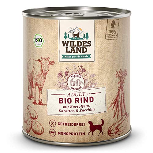 Wildes Land - Nassfutter für Hunde - Bio Rind - 12 x 800 g - Getreidefrei - Extra hoher Fleischanteil von 60% - 100% zertifizierte Bio-Zutaten - Beste Akzeptanz und Verträglichkeit von WILDES LAND