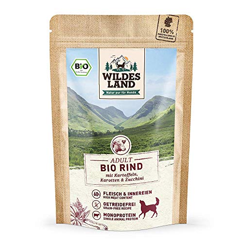 Wildes Land - Nassfutter für Hunde - Bio Rind - 20 x 125 g - Getreidefrei - Extra hoher Fleischanteil von 60% - 100% zertifizierte Bio-Zutaten - Beste Akzeptanz und Verträglichkeit von WILDES LAND