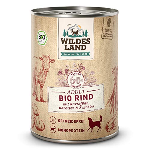 Wildes Land - Nassfutter für Hunde - Bio Rind - 6 x 400 g - Getreidefrei - Extra hoher Fleischanteil von 60% - 100% zertifizierte Bio-Zutaten - Beste Akzeptanz und Verträglichkeit von WILDES LAND