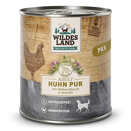 Wildes Land - Nassfutter für Hunde - Huhn PUR - 12 x 800 g - mit Distelöl - Getreidefrei - Extra hoher Fleischanteil von 70% - Beste Akzeptanz und Verträglichkeit von WILDES LAND