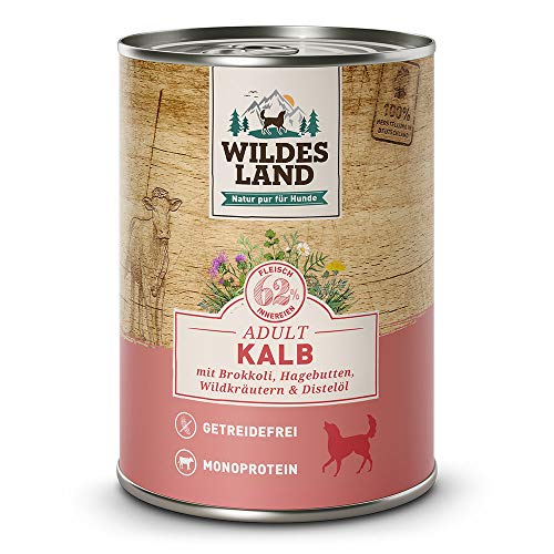 Wildes Land - Nassfutter für Hunde - Kalb - 12 x 400 g - mit Brokkoli, Karotten, Hagebutte, Wildkräutern & Distelöl - Glutenfrei - Extra viel Fleisch - Beste Akzeptanz und Verträglichkeit von WILDES LAND