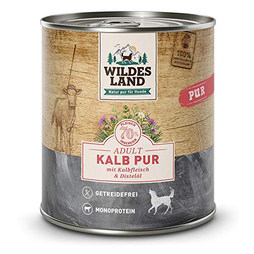 Wildes Land - Nassfutter für Hunde - Kalb PUR - 6 x 400 g - mit Distelöl - Getreidefrei - Extra hoher Fleischanteil von 70% - Beste Akzeptanz und Verträglichkeit von WILDES LAND