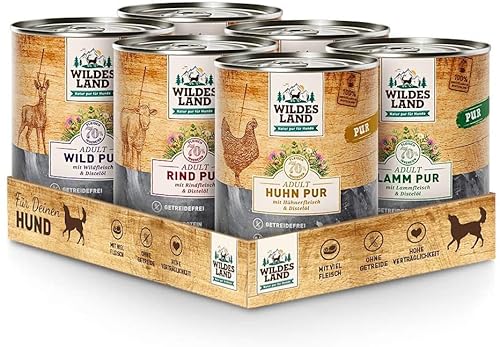 Wildes Land - Nassfutter für Hunde - Mix PUR - 6 x 400 g - Glutenfrei - Extra viel Fleisch - Beste Akzeptanz und Verträglichkeit von WILDES LAND