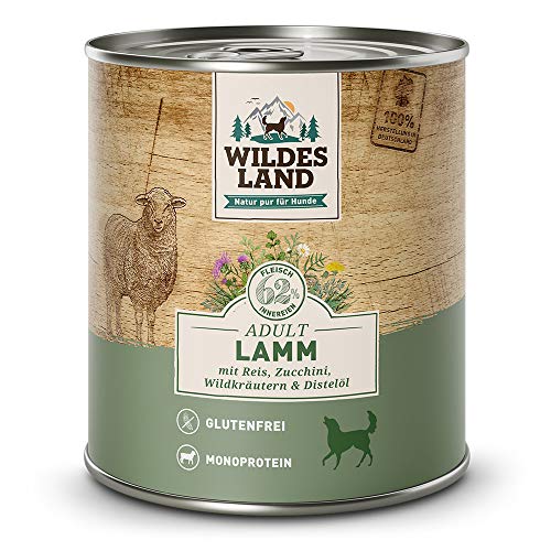 Wildes Land - Nassfutter für Hunde - Nr. 1 Lamm - 12 x 800 g - mit Reis, Zucchini, Wildkräutern & Distelöl - Glutenfrei - Extra viel Fleisch - Beste Akzeptanz und Verträglichkeit von WILDES LAND