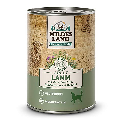 Wildes Land - Nassfutter für Hunde - Nr. 1 Lamm - 24 x 400 g - mit Reis, Zucchini, Wildkräutern & Distelöl - Glutenfrei - Extra viel Fleisch - Beste Akzeptanz und Verträglichkeit von WILDES LAND