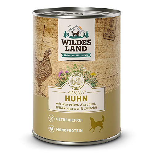 Wildes Land - Nassfutter für Hunde - Nr. 2 Huhn - 24 x 400 g - mit Karotten, Zucchini, Wildkräutern & Distelöl - Glutenfrei - Extra viel Fleisch - Beste Akzeptanz und Verträglichkeit von WILDES LAND