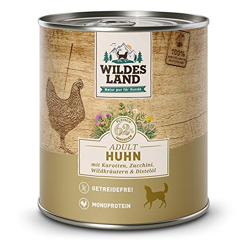 Wildes Land - Nassfutter für Hunde - Nr. 2 Huhn - 24 x 800 g - mit Karotten, Zucchini, Wildkräutern & Distelöl - Glutenfrei - Extra viel Fleisch - Beste Akzeptanz und Verträglichkeit von WILDES LAND