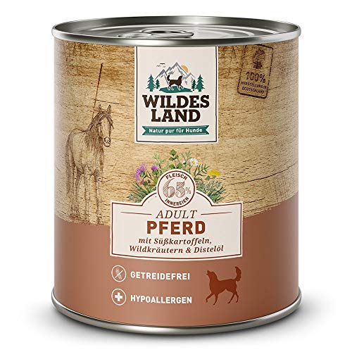 Wildes Land - Nassfutter für Hunde - Nr. 3 Pferd - 12 x 800 g - mit Süßkartoffeln, Wildkräutern & Distelöl - Glutenfrei - Extra viel Fleisch - Beste Akzeptanz und Verträglichkeit von WILDES LAND