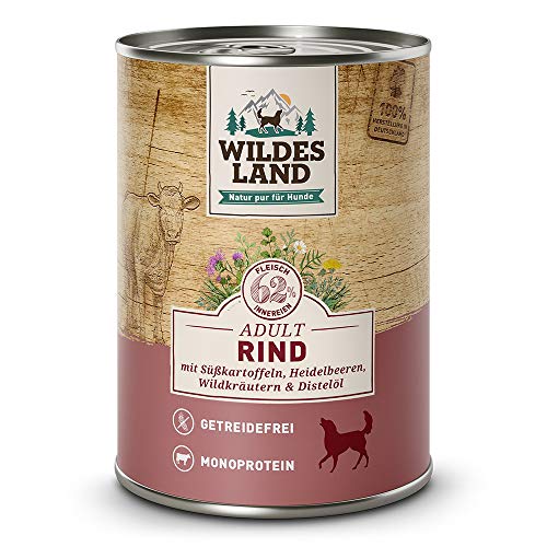 Wildes Land - Nassfutter für Hunde - Nr. 5 Rind - 12 x 400 g - mit Süßkartoffeln, Heidelbeeren, Wildkräutern & Distelöl - Glutenfrei - Extra viel Fleisch - Beste Akzeptanz und Verträglichkeit von WILDES LAND