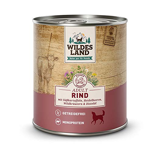 Wildes Land - Nassfutter für Hunde - Nr. 5 Rind - 12 x 800 g - mit Süßkartoffeln, Heidelbeeren, Wildkräutern & Distelöl - Glutenfrei - Extra viel Fleisch - Beste Akzeptanz und Verträglichkeit von WILDES LAND