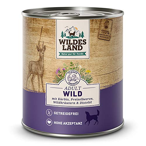 Wildes Land - Nassfutter für Hunde - Nr. 7 Wild - 12 x 800 g - mit Kürbis, Preiselbeeren, Wildkräutern & Distelöl - Glutenfrei - Extra viel Fleisch - Beste Akzeptanz und Verträglichkeit von WILDES LAND