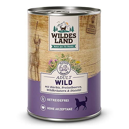 Wildes Land - Nassfutter für Hunde - Nr. 7 Wild - 24 x 400 g - mit Kürbis, Preiselbeeren, Wildkräutern & Distelöl - Glutenfrei - Extra viel Fleisch - Beste Akzeptanz und Verträglichkeit von WILDES LAND