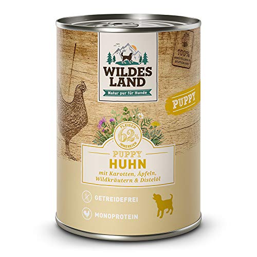 Wildes Land - Nassfutter für Hunde - Puppy Huhn - 24 x 400 g - mit Karotten, Äpfeln, Wildkräutern & Distelöl - Glutenfrei - Extra viel Fleisch - Beste Akzeptanz und Verträglichkeit von WILDES LAND