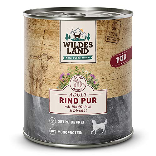 Wildes Land - Nassfutter für Hunde - Rind PUR - 12 x 800 g - mit Distelöl - Getreidefrei - Extra hoher Fleischanteil von 70% - Beste Akzeptanz und Verträglichkeit von WILDES LAND