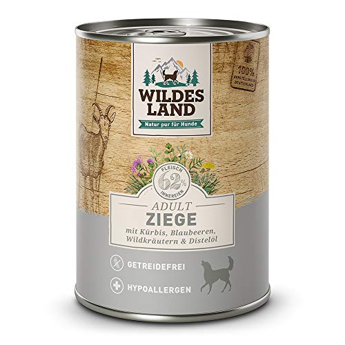 Wildes Land - Nassfutter für Hunde - Ziege - 12 x 400 g - mit Kürbis, Blaubeeren, Wildkräutern und Distelöl - Glutenfrei - Extra viel Fleisch - Beste Akzeptanz und Verträglichkeit von WILDES LAND