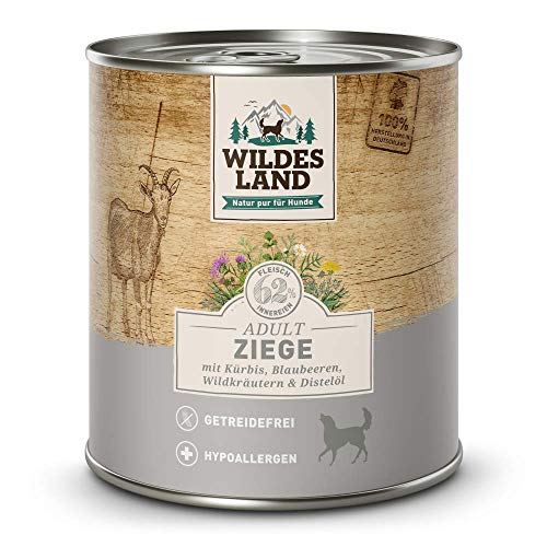 Wildes Land - Nassfutter für Hunde - Ziege - 12 x 800 g - mit Kürbis, Blaubeeren, Wildkräutern und Distelöl - Glutenfrei - Extra viel Fleisch - Beste Akzeptanz und Verträglichkeit von WILDES LAND