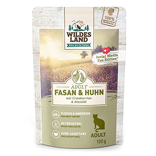 Wildes Land Nassfutter für Katzen, Huhn und Fasan, 12 x 100 g von WILDES LAND