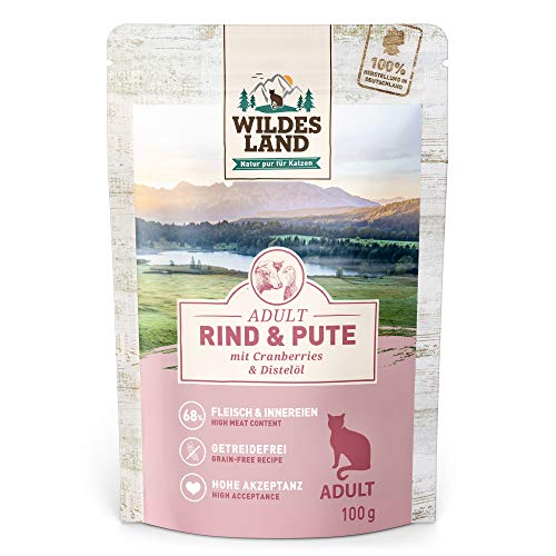 Wildes Land - Nassfutter für Katzen - Nr. 1 Rind & Pute - 48 x 100 g - Getreidefrei - Extra viel Fleisch - Beste Akzeptanz und Verträglichkeit von WILDES LAND