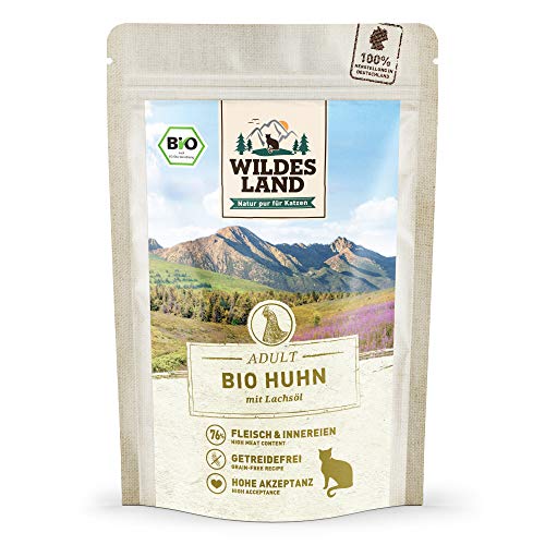 Wildes Land - Nassfutter für Katzen - Nr. 3 Huhn PUR - Bio - 12 x 85 g - Aus kontrolliertem biologischen Anbau - Getreidefrei - Extra viel Fleisch von WILDES LAND