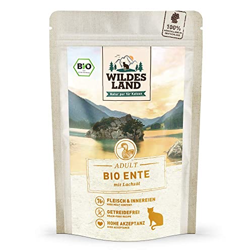 Wildes Land - Nassfutter für Katzen - Nr. 4 Ente PUR - Bio - 24 x 85 g - Aus kontrolliertem biologischen Anbau - Getreidefrei - Extra viel Fleisch von WILDES LAND