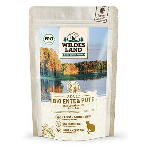 Wildes Land - Nassfutter für Katzen - Nr. 5 Ente & Pute - Bio - 12 x 85 g - Aus kontrolliertem biologischen Anbau - Getreidefrei - Extra viel Fleisch von WILDES LAND