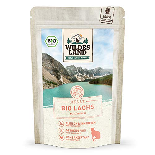 Wildes Land - Nassfutter für Katzen - Nr. 6 Lachs PUR - Bio - 12 x 85 g - Aus kontrolliertem biologischen Anbau - Getreidefrei - Extra viel Fleisch von WILDES LAND