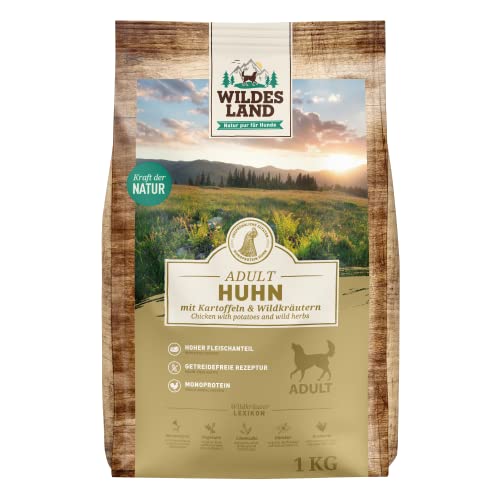 Wildes Land - Nr. 11 Huhn - 1 kg - mit Kartoffeln und Wildkräutern - Glutenfrei - Trockenfutter für Hunde - Hundefutter mit hohem Fleischanteil - Hohe Verträglichkeit von WILDES LAND