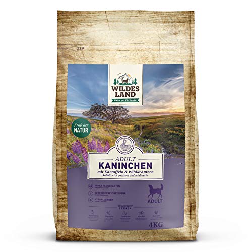 Wildes Land - Nr. 4 Kaninchen - 4 kg - mit Kartoffeln und Wildkräutern - Glutenfrei - Trockenfutter für Hunde - Hundefutter mit hohem Fleischanteil - Hohe Verträglichkeit von WILDES LAND